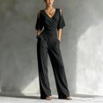 thumbnail image 4 of JULMCOMO Jumpsuits for Women Deep V Neck Cold Shoulder Casual Rompers Half Sleeve Cinched Waist Wide Leg Summer Jumpsuit with Pockets Black XL, 4 of 5
