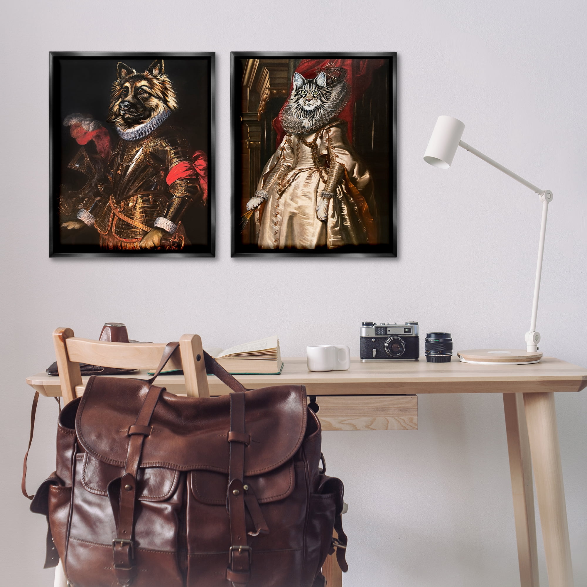 Stupell Industries Royal Garb Dog & Cat Novelty & Humor Painting Black Floater Framed Canvas Art Print Wall Art, 31 x 25, Set of 2