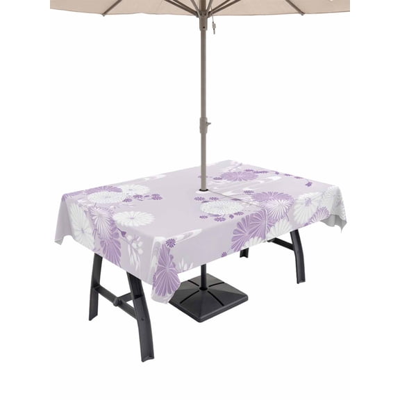 Outdoor Tablecloth with Umbrella Hole for Patio/Picnic/Party/Camping, Purple White Floral Waterproof Table Cloth Rectangle Table Cover Washable, Spring Botanical Leaves Farmhouse (52"x 70")
