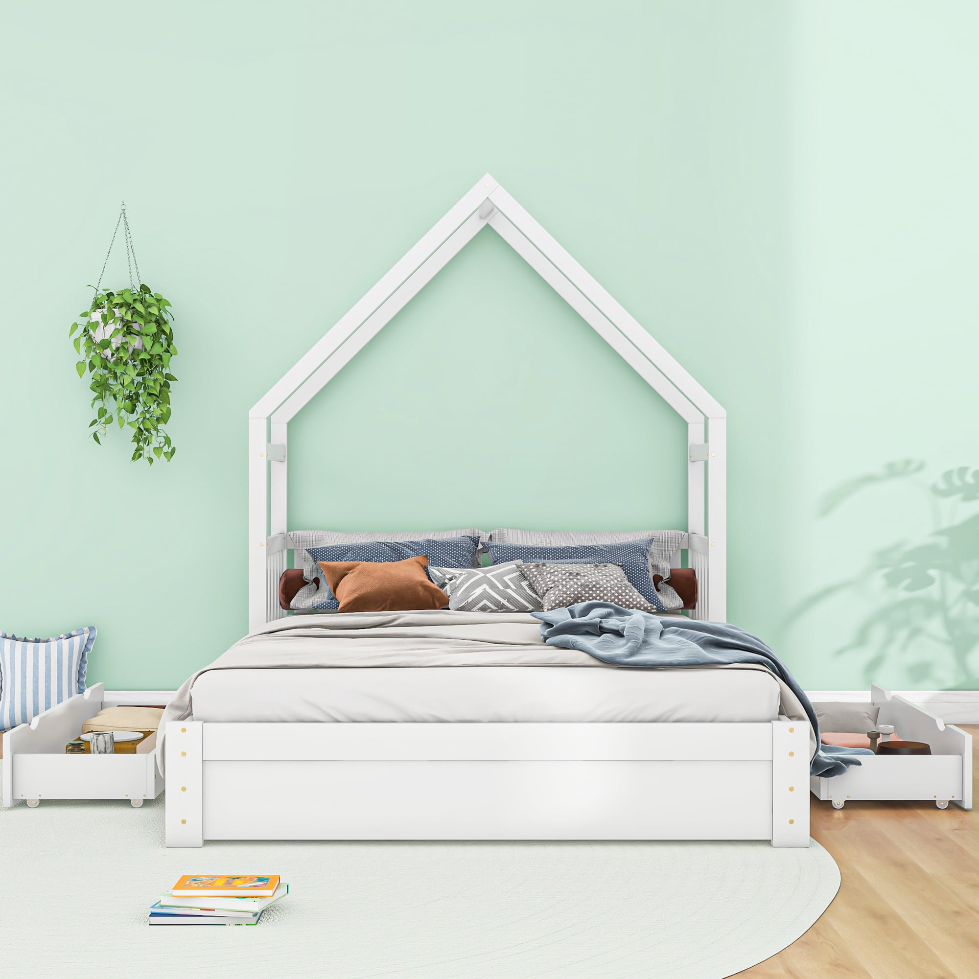 Euroco Wood Queen Bed, House Platform Bed with 2 Storage Drawers for Adults, White