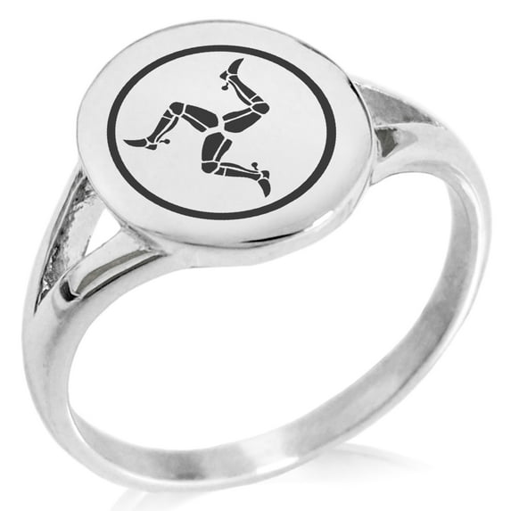 Stainless Steel Celtic Triskelion Three Legged Isle of Man Minimalist Oval Top Polished Statement Signet Ring