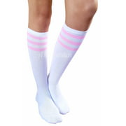 AM Landen Womens Stripe Knee High Socks Stripe Socks Cheerleader Socks Uniform Socks (A. White/Pink Stripe)