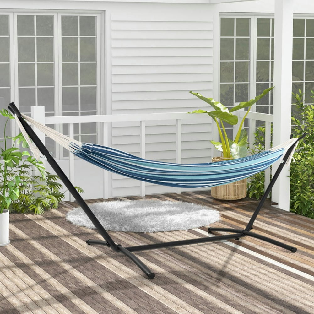 GVN Portable Indoor Outdoor 2-Person Double Hammock Set with Stand and Carrying Cases-Blue