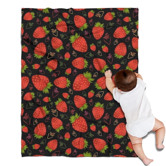 Red Strawberry Plants Fruit Pattern Black Pattern Blanket,Comfortable Soft Flannel Throw Blanket,All Season,Warm Lightweight Blankets for Sofa Bed Couch Living Room Chair,30"x40"