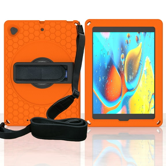Dteck iPad 9th/8th/7th Generation Case, iPad 10.2 Case for Kids, Heavy Duty Shockproof Rugged Case with 360 Rotating Stand Hand Strap Shoulder Strap for iPad 10.2 inch 2021/2020/2019, Orange