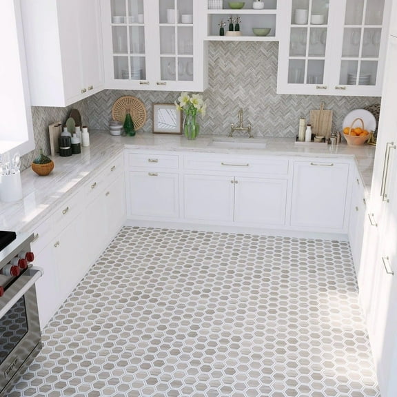 Apollo Tile  5 Pack White and Beige 11.7-in x 13.5-in Wooden Hexagon Polished Marble Floor and Wall Mosaic Tile (5.48 Sq ft/case)