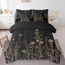 Castle Fairy Vintage Flowers Leaves Bedding Comforter Set,Black Brown Queen Bedding Sets