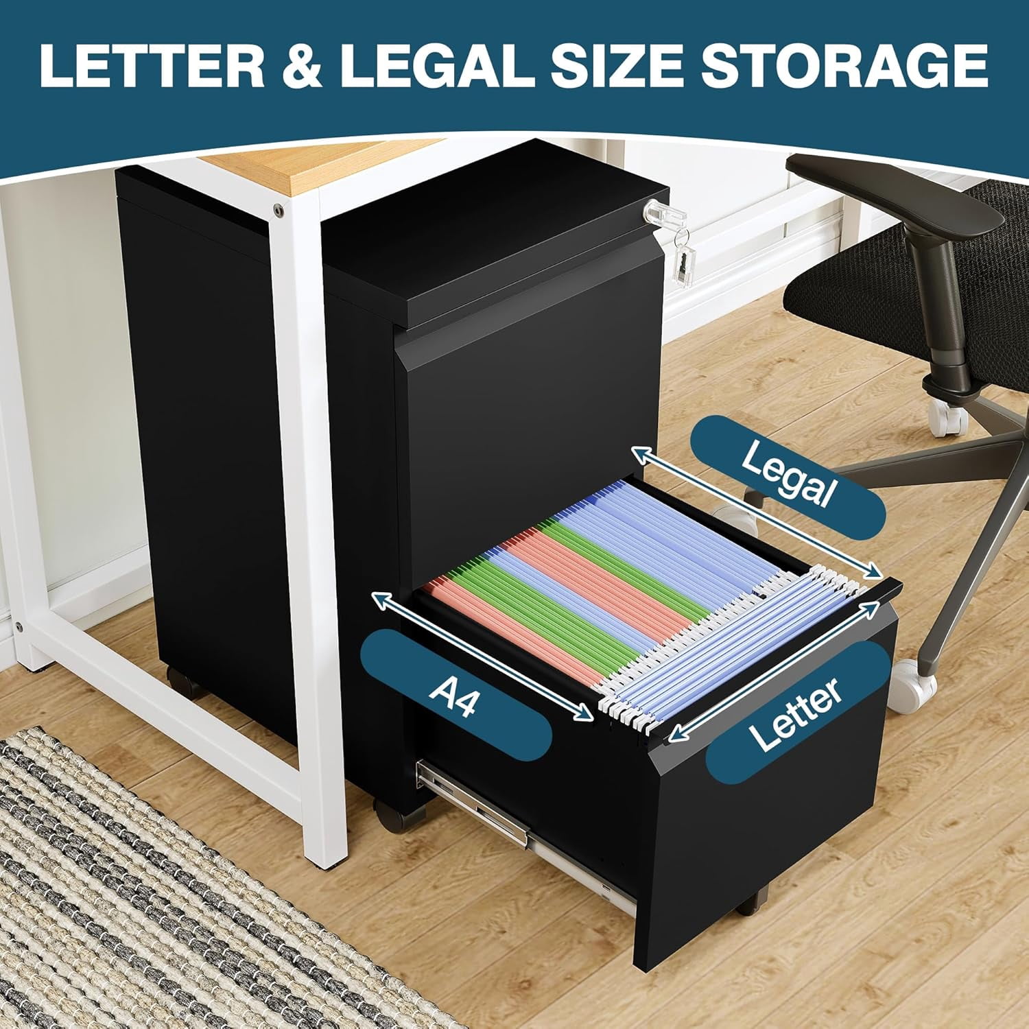 2 Drawer File Cabinet on Wheels, Home Office Mobile File Drawers Under Desk, Filing Cabinets with Drawers for Legal/Letter/A4 File Folders(Black),Un-Assembled