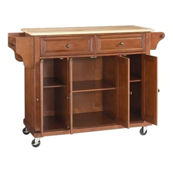 NATURAL WOOD TOP KITCHEN CART/ISLAND IN CLASSIC CHERRY FINISH