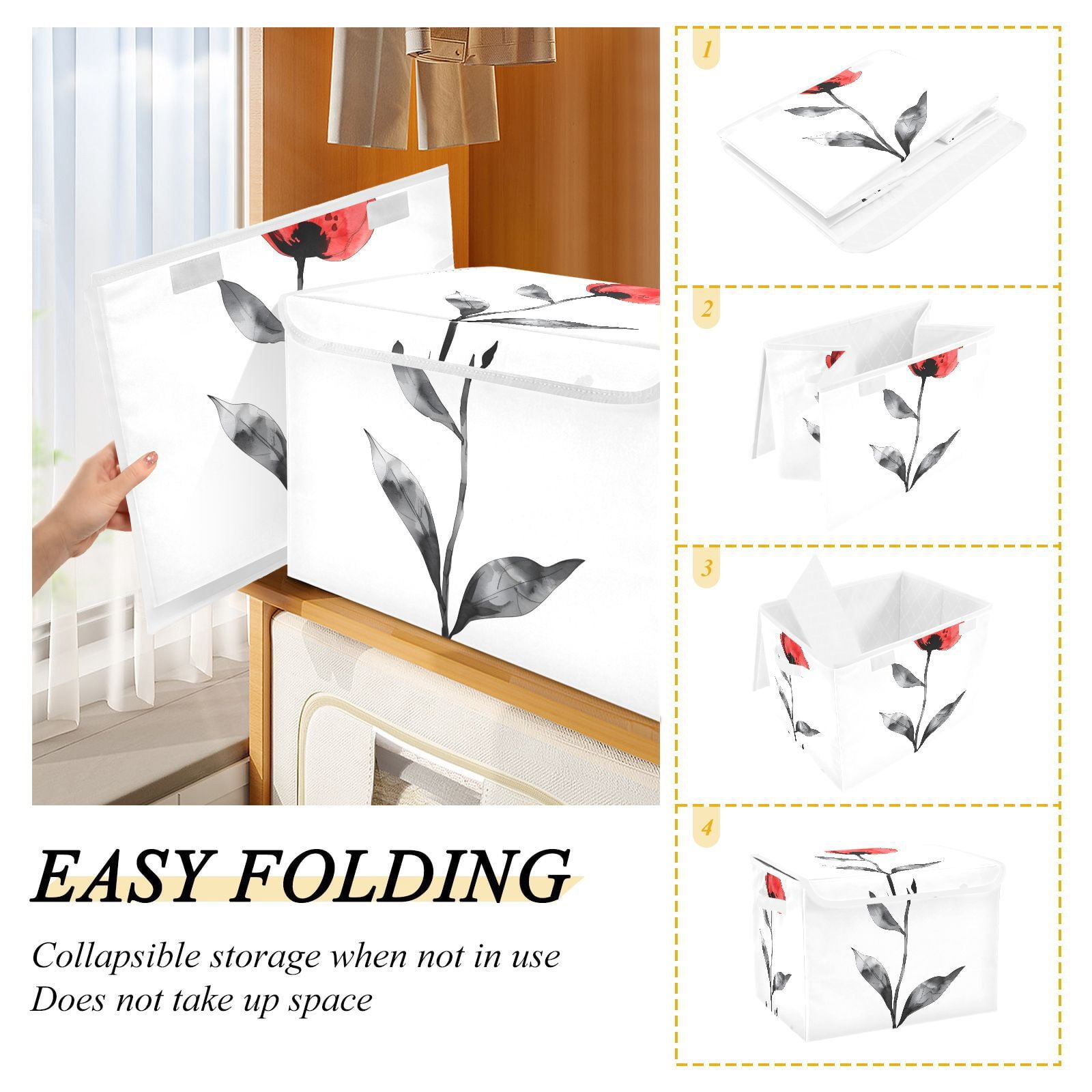 Red Flower Black Leaves Storage Basket for Shelves Foldable Container Organizer for Organizing Toys Clothes Books with Handles
