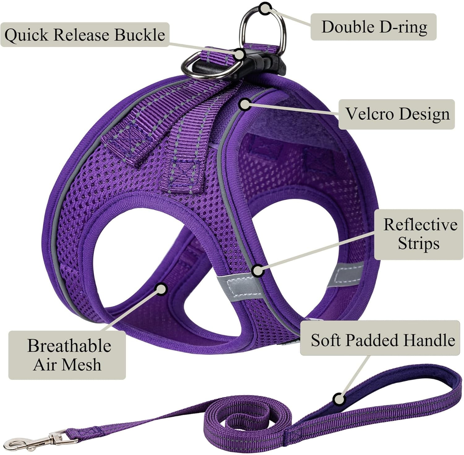 Dog Harness with Leash Set, No Pull Adjustable Reflective Step-in Puppy Pet Vest Harnesses for Small Medium Large Dogs and Cats,Purple XL