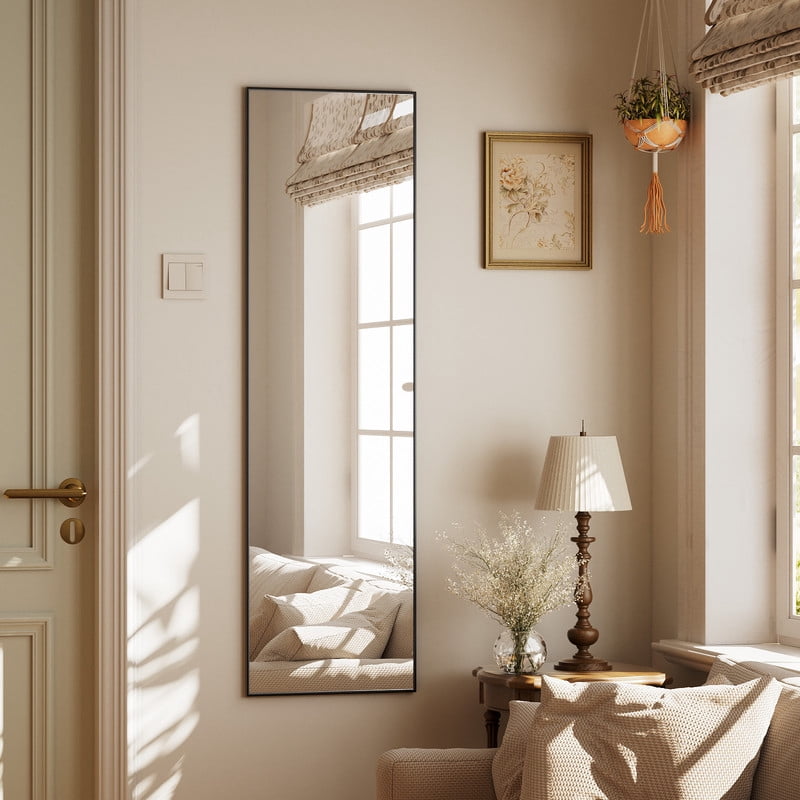 Easy4Home 48"x14" Full Length Door Mirror Wall Mounted Hanging Mirror with Metal Frame, Black