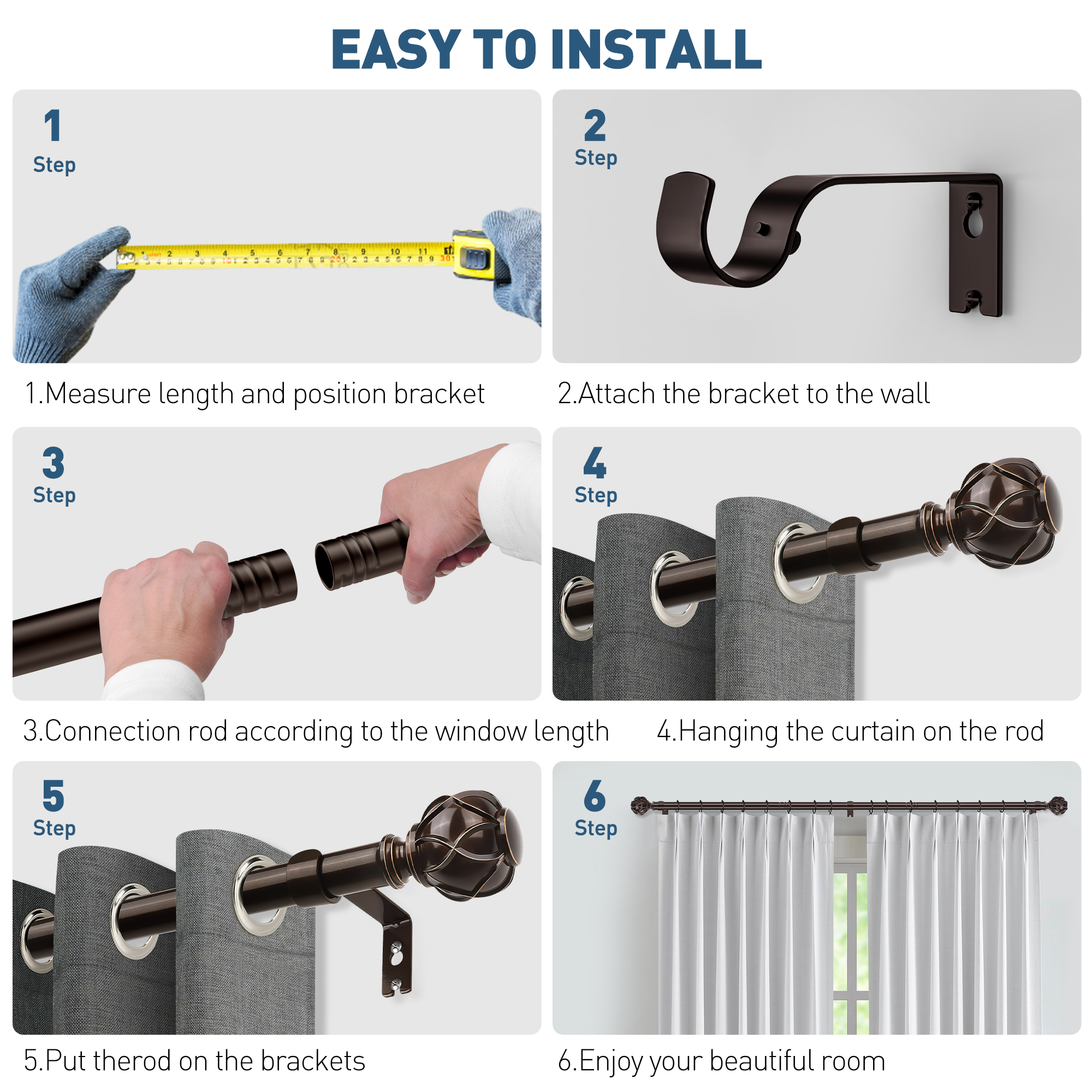 Bronze Curtain Rods for Windows 48 to 120 inches, Adjustable Length Curtain Rod with Metal Finials, 1 inch Diameter Heavy Duty Drapery Rod for Modern Decor Bedroom Kitchen Living Room