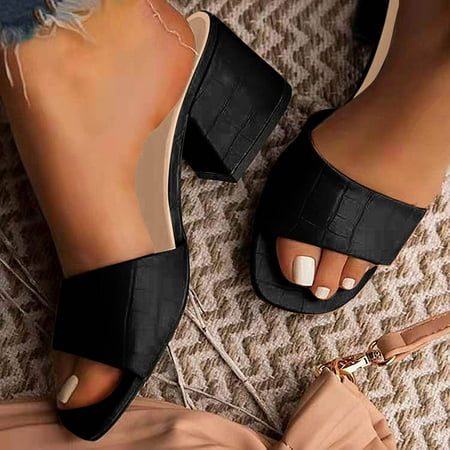 

〖Yilirongyumm〗 Black 38 Sandals Women Heel Slippers Oneline Thick Sandals Toe Solid And Color Women s Fashion Women s Sandals