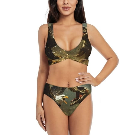 Zeuib Dinosaur Bald Eagle High Waisted Tummy Control Bikini Set - Knot Front Push Up Top & Cheeky Thong Bottom  Two-Piece Swimsuit for Women-Medium