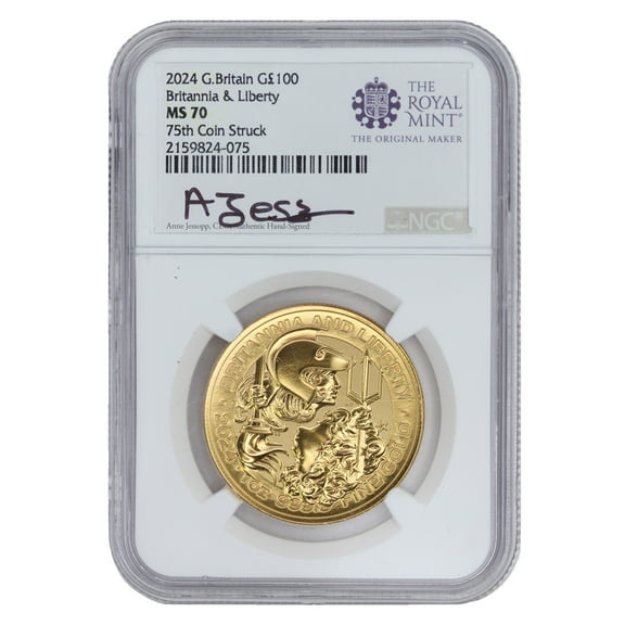 Great Britain 2024 1oz Gold Britannia & Liberty Coin NGC MS70 75th Coin Struck Jessopp Label £100