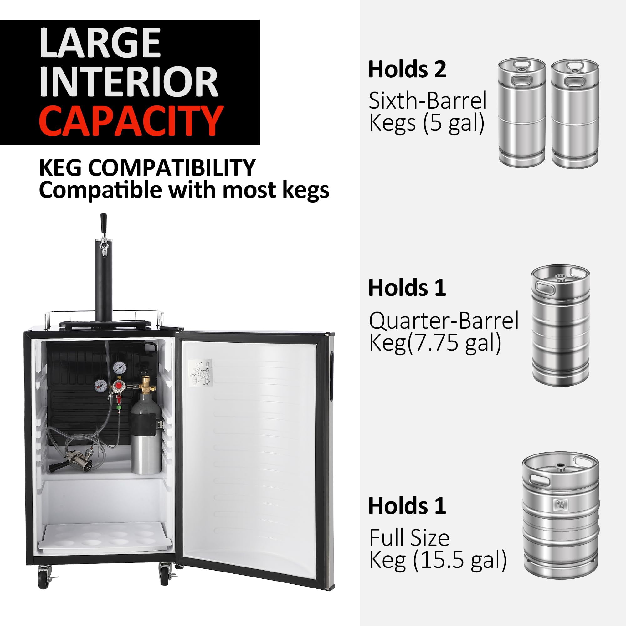 2024 New Beer Kegerator, Single Tap Draft Beer Dispenser, Full Size Stainless Steel Keg Refrigerator With Drip Tray, CO2 Cylinder, 32°F- 50°F Temperature Control, 128L