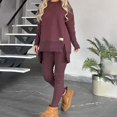 thumbnail image 3 of MORTTIC Women's 2-Piece Set Crew Neck Long Sleeve Top with Side Slits and Slim Pants Solid Color Casual Outfit Red Brown，L, 3 of 10