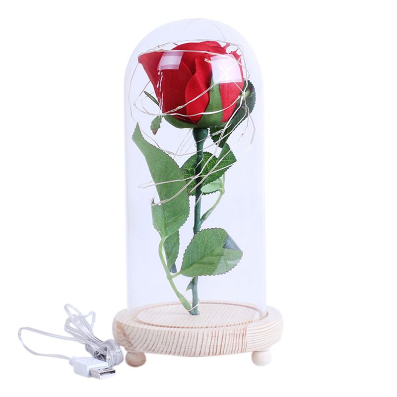 USB Powered Artificial Silk Rose Flowers in Glass Dome with LED Light