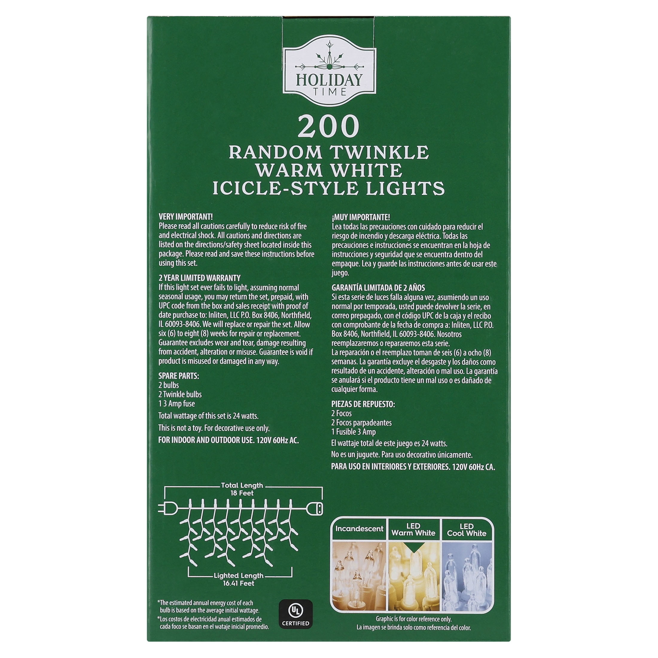 Indoor/Outdoor 200-Count LED Random Twinkle Christmas Icicle-Style Lights, Warm White, White Wire, 16.41', by Holiday Time