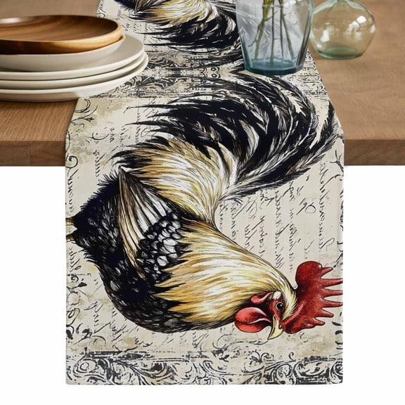 Black White Vintage Rooster Table Runner, Watercolor Farmhouse Animals Washable Cotton Linen Table Runners 36 Inches Long, Dresser Scarf Runner for Nightstand/End Tables/Round Tables 13''x36''