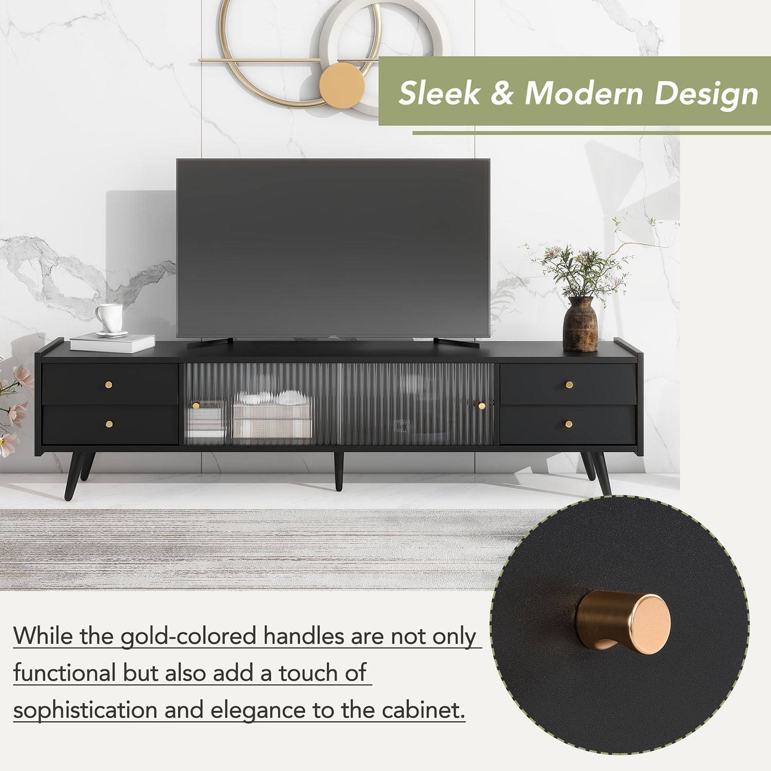 Kadyn MDF TV Stand, Entertainment Center TV Console with Sliding Fluted Glass Doors for TVs Up to 70", Black