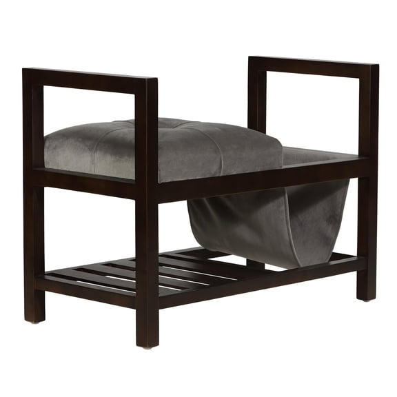 Cortesi Home Oliver Entryway Bench with Storage and Shoe Rack, Espresso Wood and Grey