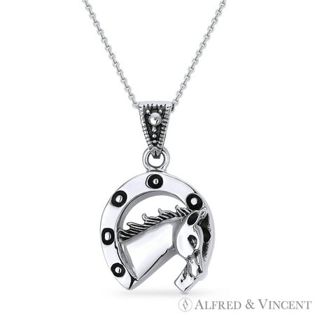Horse Charms Pendants - Horse & Horseshoe Luck Charm Pendant & Cable Chain Necklace in .925 Sterling Silver