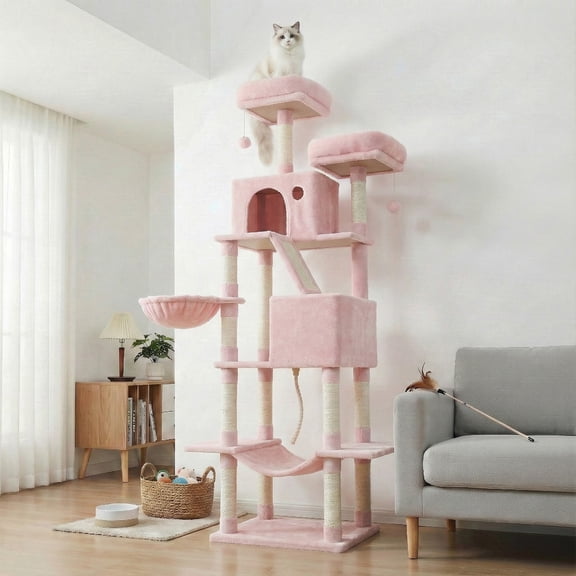 SONGMICS HOME Árbol para Gatos de 206 cm de Altura, Torre de Gatos con 13 Poste, 2 Cuevas, 2 Plataformas, Cesta, Pompón, Hamaca, Rosa Jalea