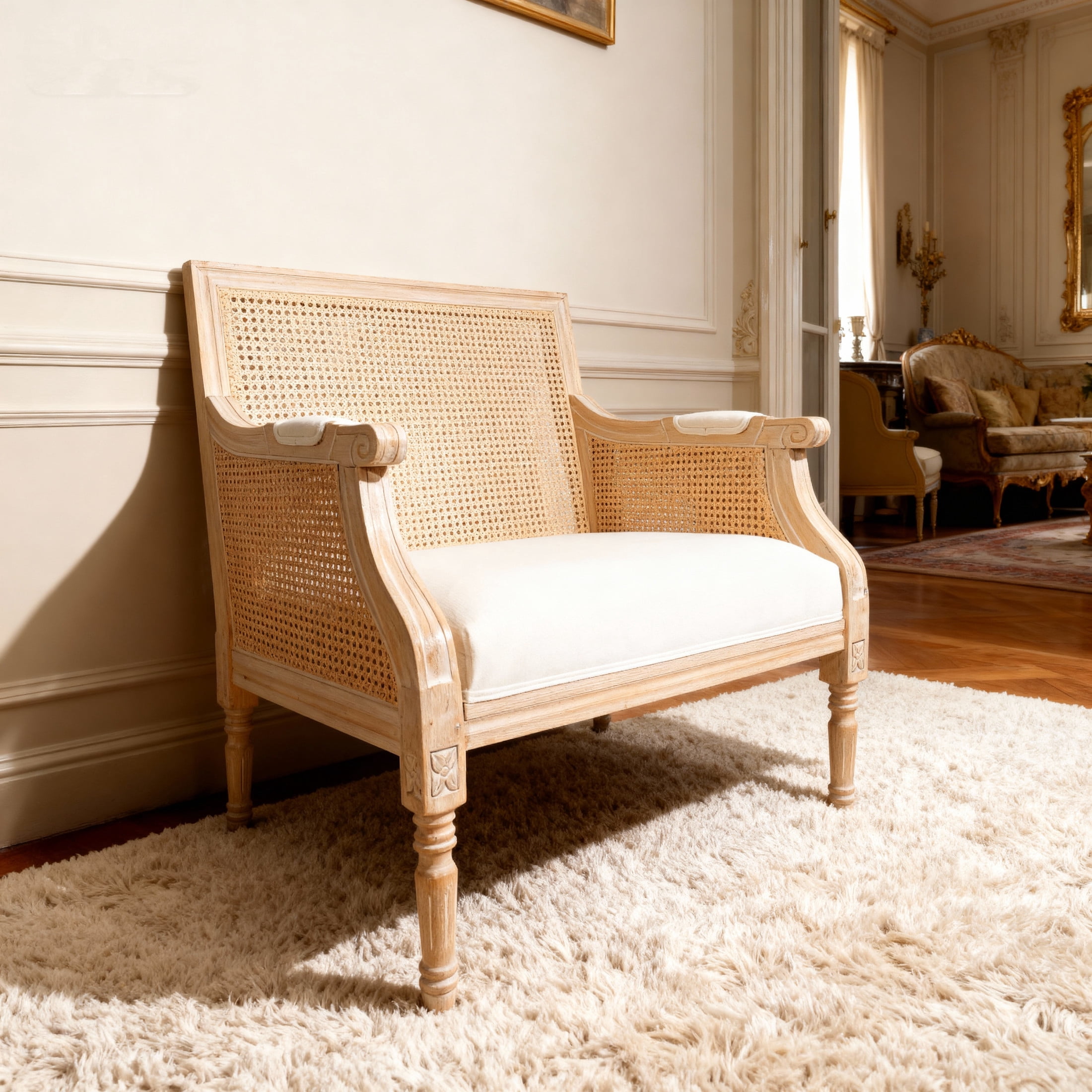 Noble House French Country Upholstered Accent Armchair with Vintage Rattan Back and Solid Rubber Wood Frame, Beige