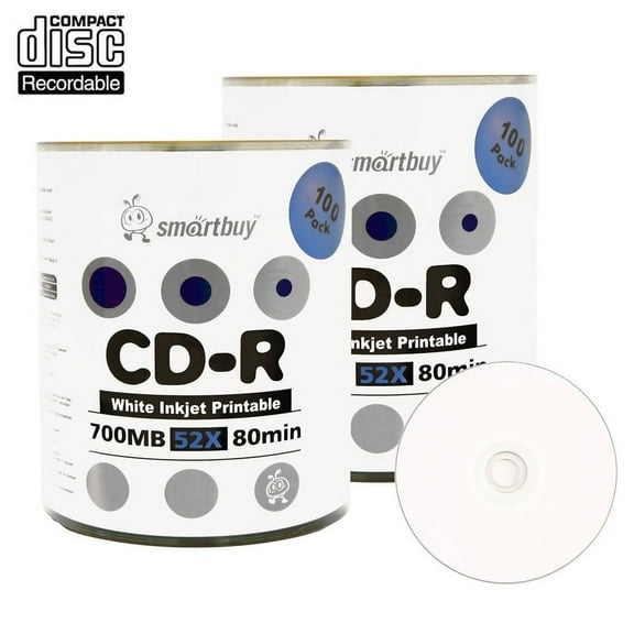 200 Pack Smartbuy 52X CD-R 700MB 80Min White Inkjet Hub Printable Data Blank Media Recordable Disc