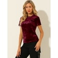 thumbnail image 4 of DARING DIVA Women's Velvet Blouse Tops Crew Neck Short Sleeve T-Shirt M Burgundy, 4 of 6