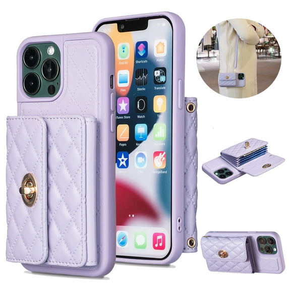 for iPhone 12 Pro Max Crossbody Wallet Case, Elegant Premium PU Leather Shoulder Strap Lanyard Cover with Metal Lock Button Card Slots Soft Silicone Shockproof Case,Lightpurple
