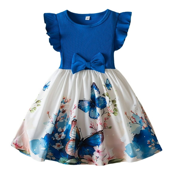 FhsagQ Dress for Girls Toddler Children Girls Fly Sleeve Cartoon Prints Bowknot Dresses Clothes Easter Dresses for Girls 12-14 Years Old Girls' Dresses Formal Two Color Blue 4-5 Years
