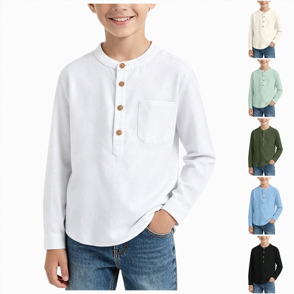 felwors Boys Linen Shirt Button Up Henley Long Sleeve Dress Shirts Lightweight Tees Tops with One Pocket (White,11-12 Years)