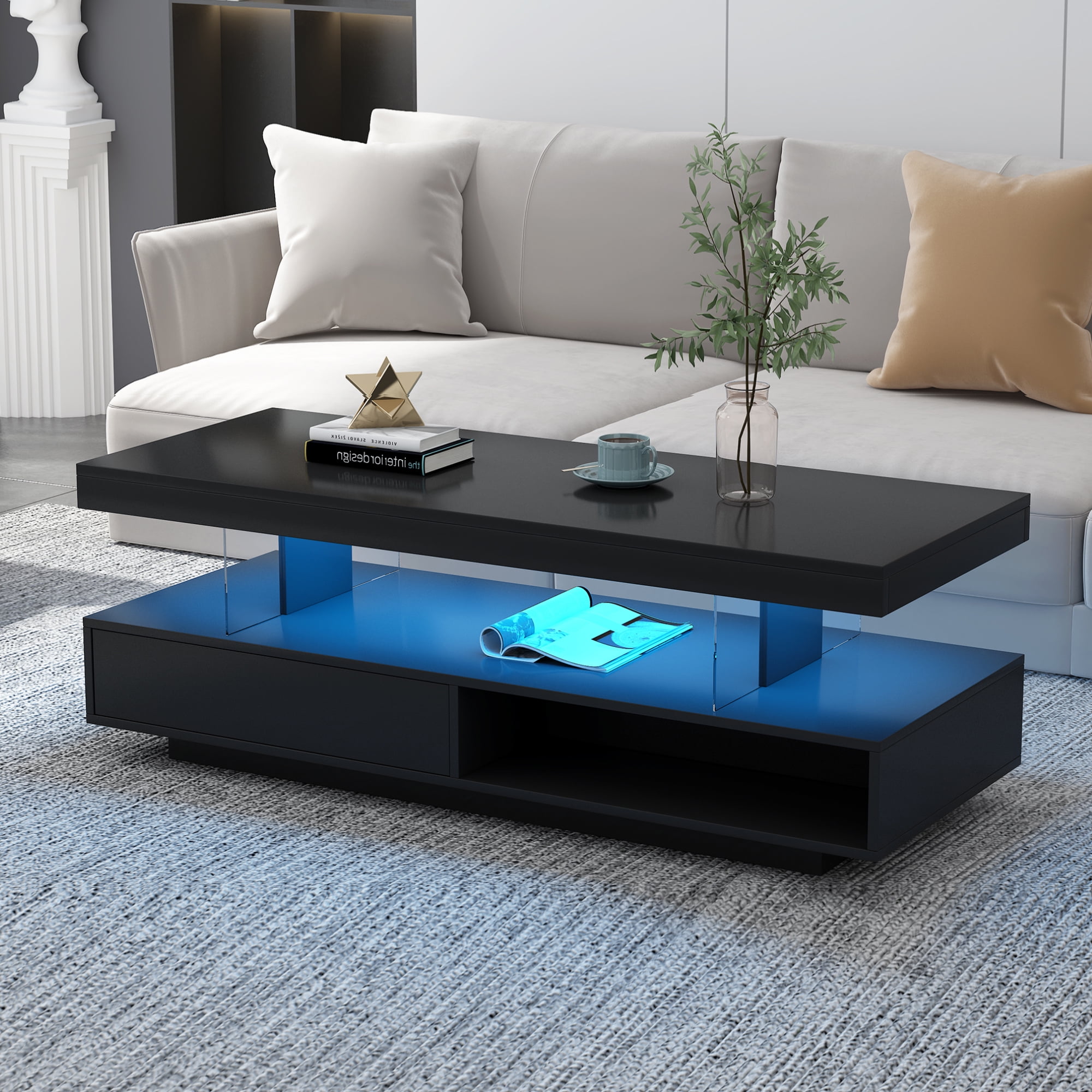 Euroco LED Coffee Table with Storage and Display Shelves, Modern Black Center Table with 2 Drawers and 16-Color LED Lights for Living Room