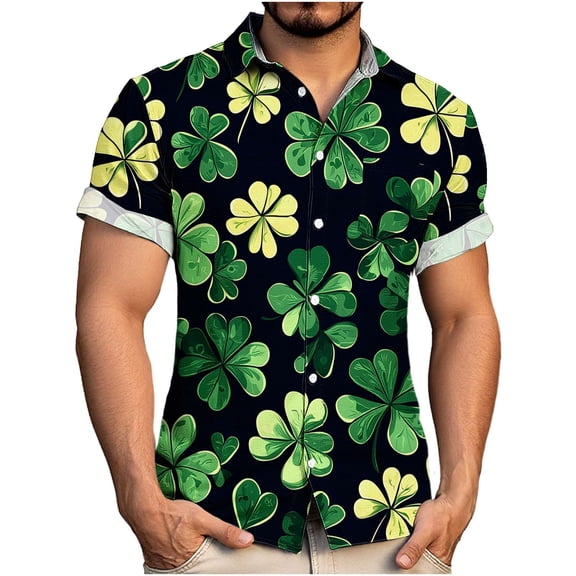 Blczomt Big and Tall Men Short Sleeve Shirt St.Patrick's Day Yellow Casual Button Down T-Shirts Summer Button Up Clover Graphic Tops