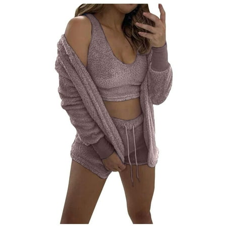 

Women s Fuzzy 3 Piece Lounge Set Soft Comfy Pajama Set Cami Crop Top Shorts and Open Front Cardigan Loungewear