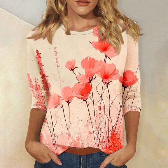 ALLLIST Women's Tops Summer Crew Neck 3/4 Sleeve Tee Shirts Floral Casual Pullover Womens Clothing