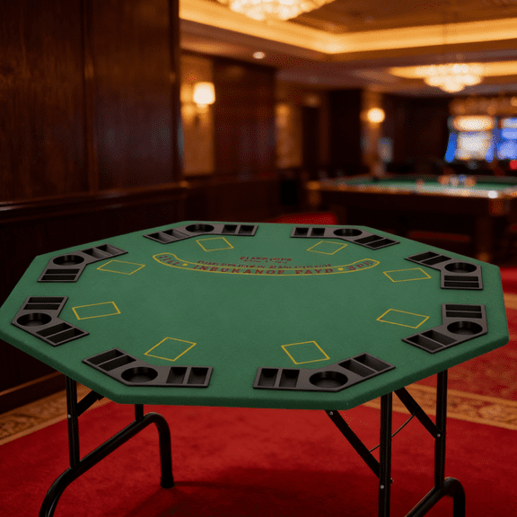 Octagonal 8 Player Poker Table with Chip Trays and Cup Holders Folding Blackjack Casino Style Game Table for Home Poker Night Game Room Furniture Professional Felt Layout Portable Foldable Card Table
