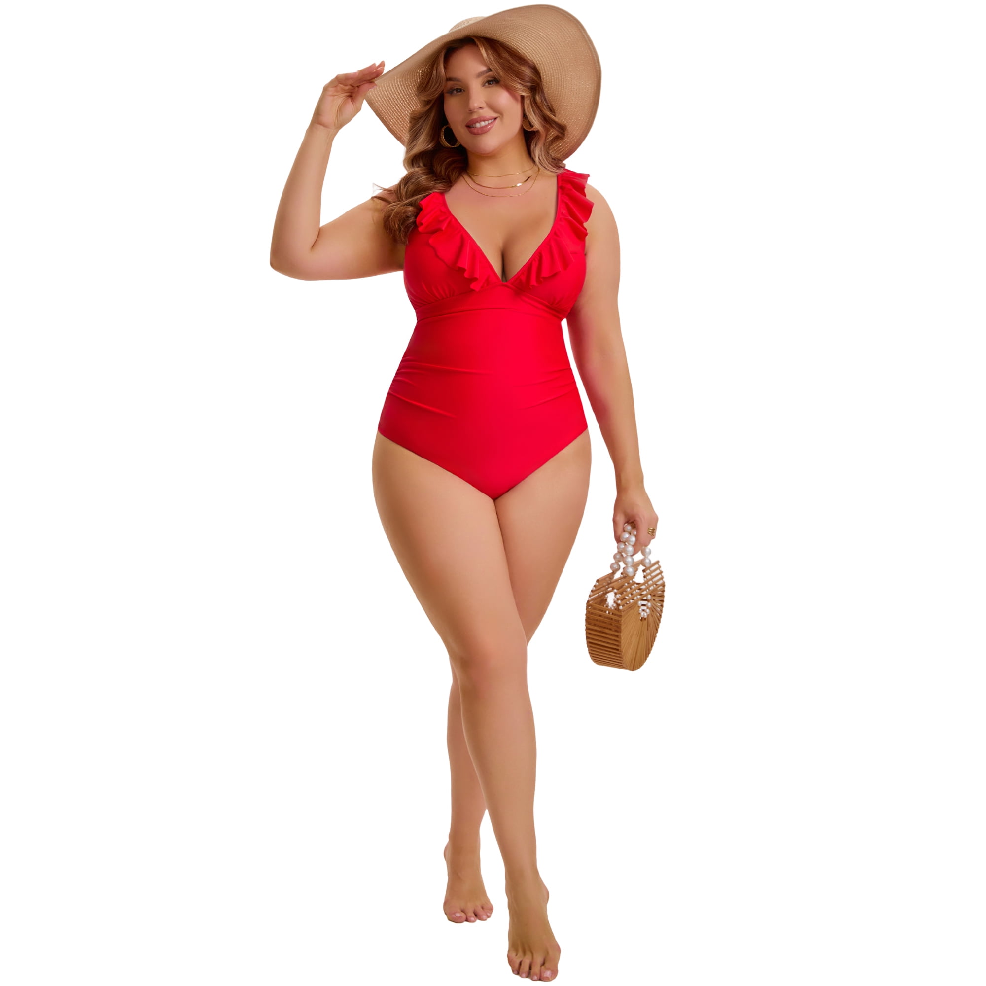 DARING DIVA Women's Plus Swimsuit Ruffled V Neck Tummy Control Bathing Suit L Red