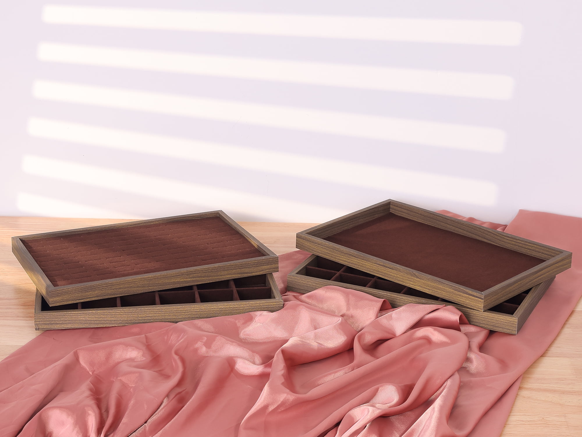 Unique Bargains Velvet Jewelry Organizers Trays with Removable Dividers Brown 30 Grid Tray