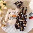 thumbnail image 3 of newwalpole My First New Year Baby Boy Outfit Newborn Letter Print Long Sleeve Romper Suspender Pants Hat 3Pcs Sets Beige for Size 6-9 Months, 3 of 4