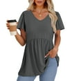 thumbnail image 3 of TQWQT Summer Peplum Tops for Women Cute V-Neck Babydoll Short Sleeve Tunic Top Solid Color Ruffle Shirt Puff Sleeve Blouse Plus Size Maternity Clothes Gray 3XL, 3 of 5