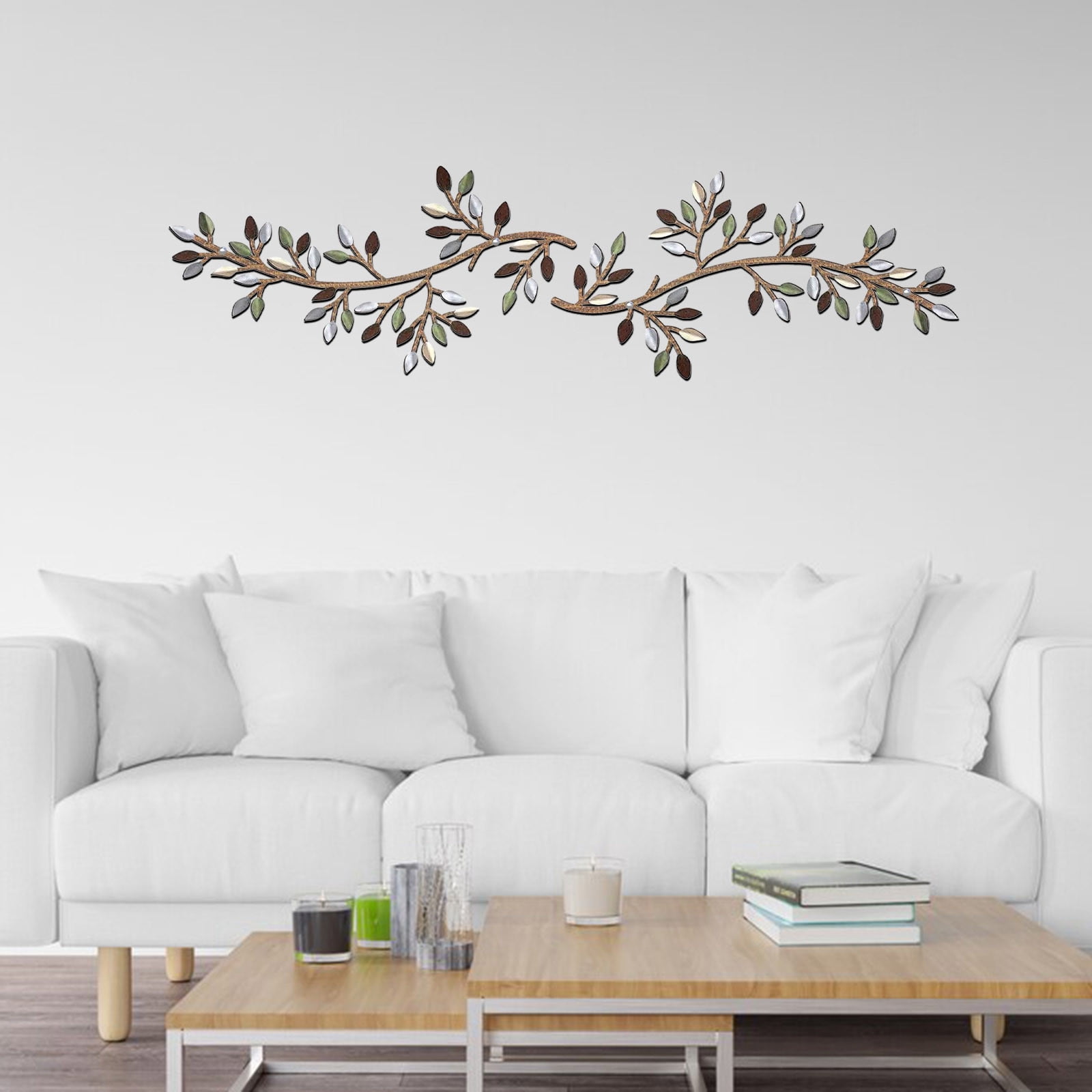 Holloyiver 2 Pieces Metal Tree Leaf Wall Decor, Vine Olive Branch Leaf Wall Art Wrought Iron Scroll Sculptures Above the Bed, Living Room, Outdoor Decoration, Silver
