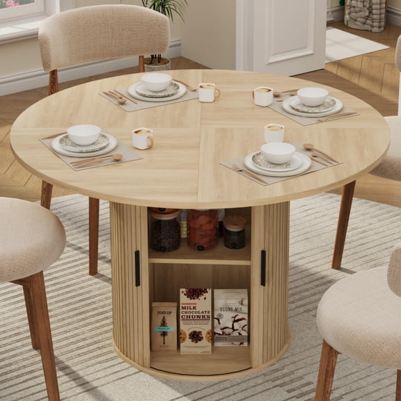 Natural Hidden Storage Pedestal Round Dining Table