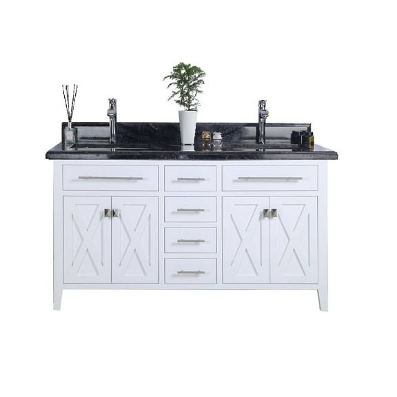 60 - Inch Single Sink Bathroom Vanity White Cabinet With Black Wood Counter - Color White - Laviva
