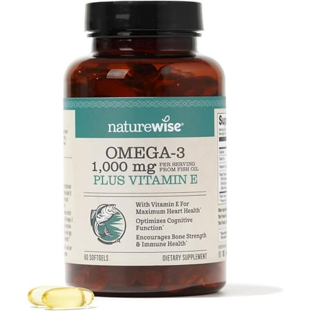 NatureWise Extra-Strength Omega 3 Fish Oil Supplement - 1000mg per Serving - 600 EPA & 400 DHA and Vitamin E - Support for Heart & Brain Health - Lemon Flavor, Non-GMO - 60 Softgels[1-Month Supply]