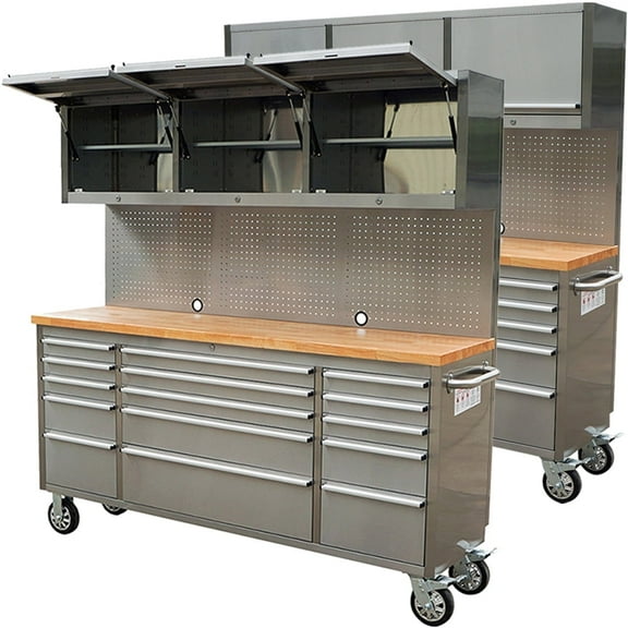 2 Pack - 72 inch 15 Drawers Tool Chest with 3 Up Cabinet & Pegboard in Stainless Steel, Large Lockable Mobile Workbench (2 × HTC7218W1)