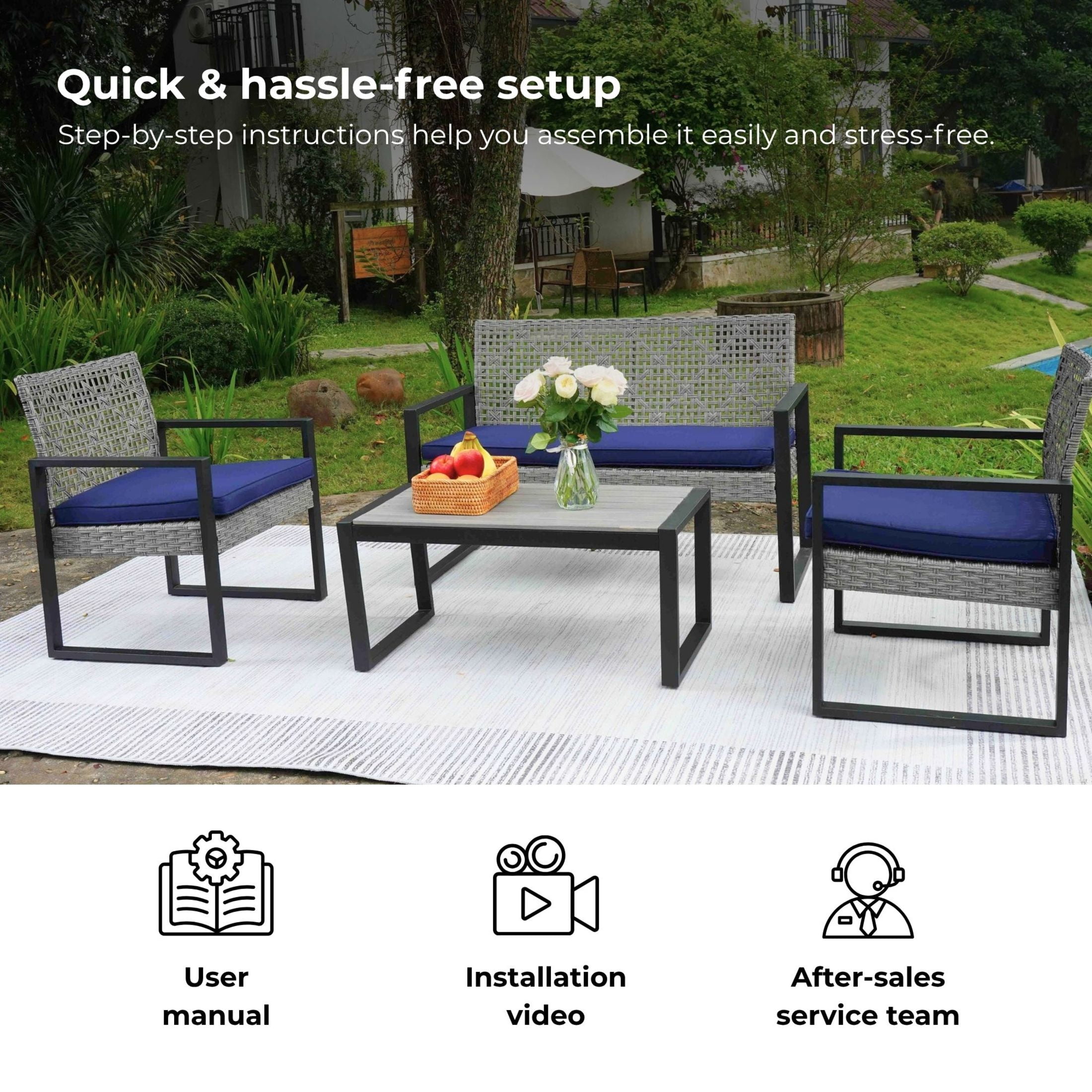 Noble House 4-Piece Patio Furniture Set, Acacia Wood & Rattan Outdoor Conversation Set, Black & Light Gray